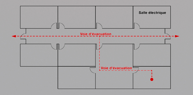 Plan d’étage montrant un parcours d’évacuation en pointillés rouges à travers les corridors jusqu’aux sorties du bâtiment.