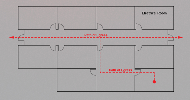 Floor plan showing a red dashed path of egress through corridors to building exits.